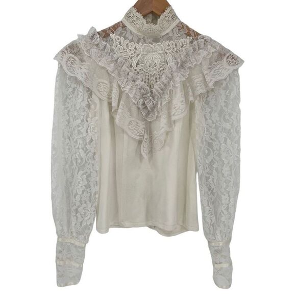 Vintage Gunne Sax By Jessica McClintock Lace Mock Neck Blouse Women 3 Ivory - Picture 1 of 4